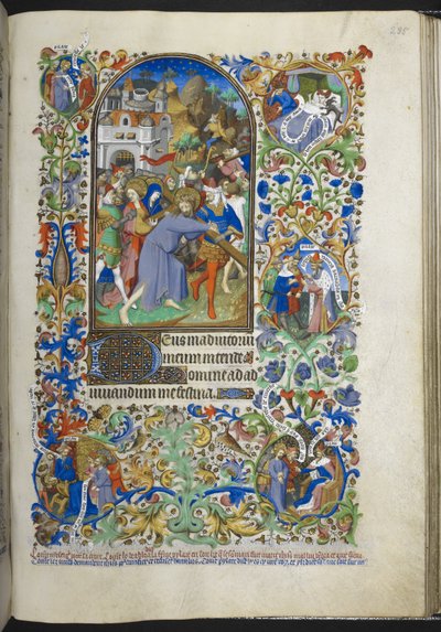 Ms 18850 f.235r、受難の時間 [セクスト]、十字架を背負ったキリスト、時間の書 (ベッドフォード時間) c.1410-30 (ベラムにインク、色、金) から追加 作： French School