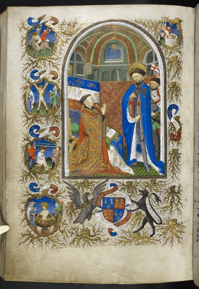 Ms 18850 f.256v、セントジョージの前のベッドフォード公、時間の書（ベッドフォード時間）c.1410-30から追加（ベラムにインク、色、金） 作： French School