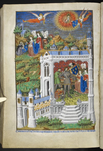Ms 18850 f.288v、フルール ド リスの伝説、Book of Hours (The Bedford Hours) c.1410-30 から追加 (ベラムにインク、カラー、ゴールド) 作： French School