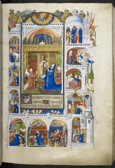 Ms 18850 f.32r、The Annunciation、Book of Hours (The Bedford Hours) c.1410-30 から追加 (ベラムにインク、カラー、ゴールド) 作： French School