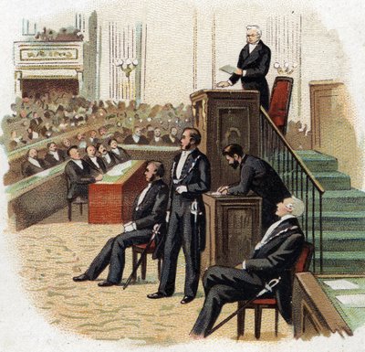 1872年、国民議会の演壇に立つ共和国大統領アドルフ・ティエール（1797-1877） - 20世紀初頭のクロモリ（Chromolithography）。 作： French School