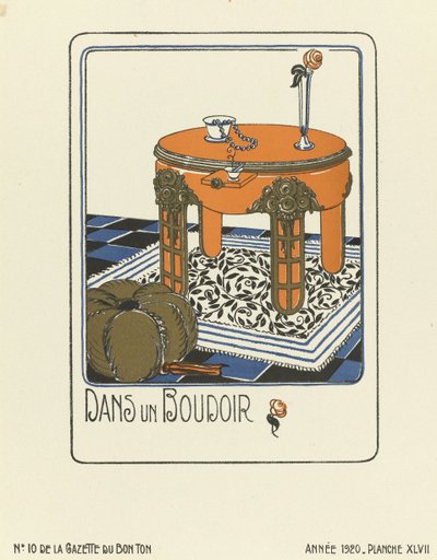 Dans un Boudoir "の広告、1920年出版（ステンシルプリント） 作： French School