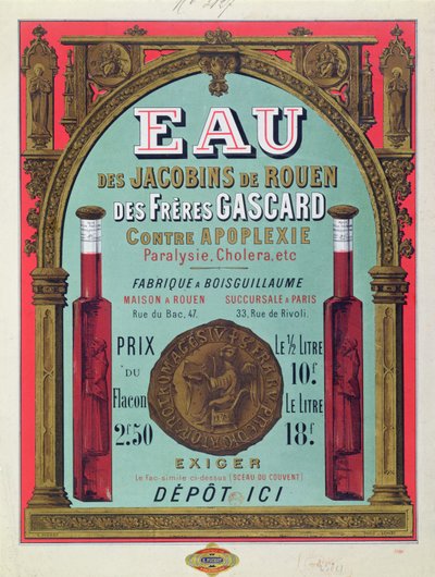 Eau des Jacobins de Rouen」の広告 19世紀半ば（カラーリトグラフ） 作： French School
