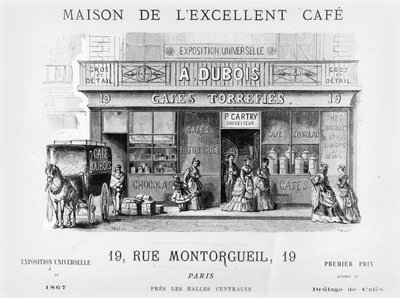 1870年頃、パリのモントルグイユ通りにあるコーヒー販売店の広告 作： French School
