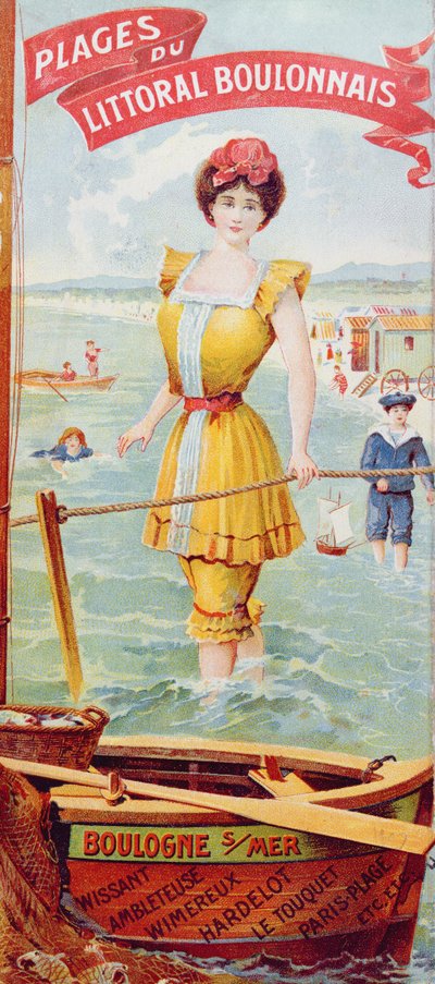 ブローニュの海岸沿いのビーチの広告。 c.1905 作： French School