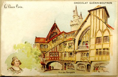 チョコレートの広告クロモリトグラフィーGuerinBoutron、The Old Paris、Rue des Remparts 作： French School