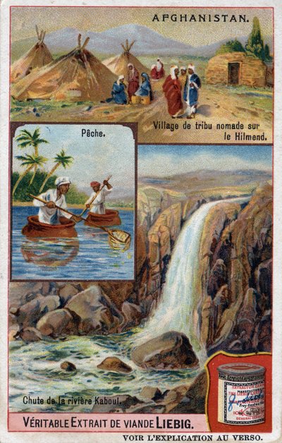 アフガニスタンのヒルメンドの遊牧民の村、漁師、カブール川の落差を描いた広告カード。19世紀のクロモリトグラフ。 作： French School