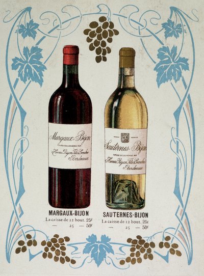 ワイン「Margaux-Bijon」（マルゴー・ビジョン）および「Sauternes-Bijon」（ソーテルヌ・ビジョン）の販売に関する広告、12本で25frs、25本で50frs。 作： French School