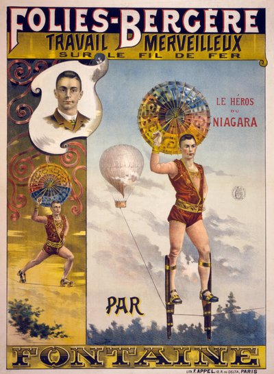 Folies-Bergèreの広告、Wonderful Work on the Wire by Fontaine、パブ。パリ1870-1890年 作： French School