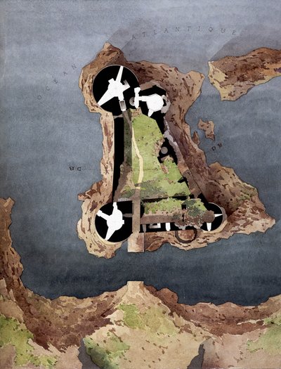 11世紀に建てられた城の平面図を含むイェウ島（Ile-d