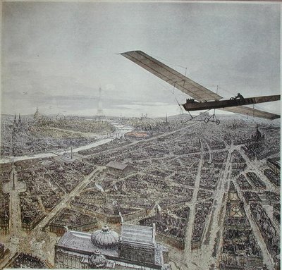 1911年カレンダー用イラスト「パリを飛ぶ飛行機」(カラーリトグラフ) 作： French School