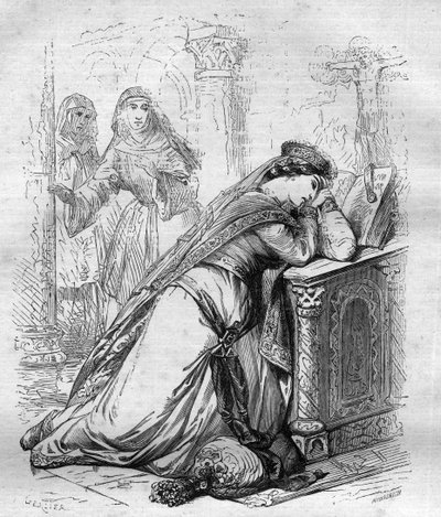 フランスの女王アグネス・ド・メラニー（1172-1201）は、フィリップ・アウグスト王によって修道院に送られた。モーリス・ラシャトレ著「ローマ教皇の歴史（...）世紀を超えた王妃と皇帝の犯罪」に掲載された図版 作： French School