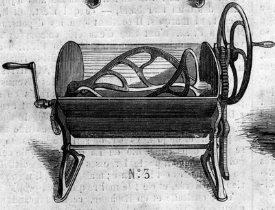 農業機械：1860年にパリで開催された農業博覧会で発表されたパン製造用の機械式ペトリン。6月30日付「Le Monde Illustré」168号に掲載された図版 作： French School