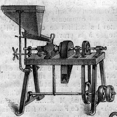 農業機械：1860年のパリ農業博覧会の小型ミル。1860年6月30日付の "Le Monde Illustré "168号に掲載された図版。 作： French School