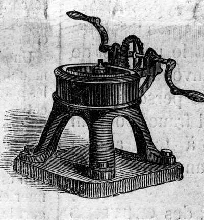 農業機械：1860年にパリで開催された農業博覧会に出品された絞り機。6月30日付「Le Monde Illustré」168号に掲載された図版 作： French School