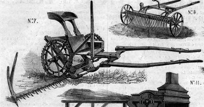 農業機械：1860年のパリ農業競技会で発表されたアメリカの刈り取り機。1860年7月7日付の "Le Monde Illustré "169号に掲載された図版。 作： French School