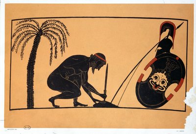 自殺の準備をするエイジャックス（古代ギリシャの壺のイラスト）（カラーリトグラフ 作： French School