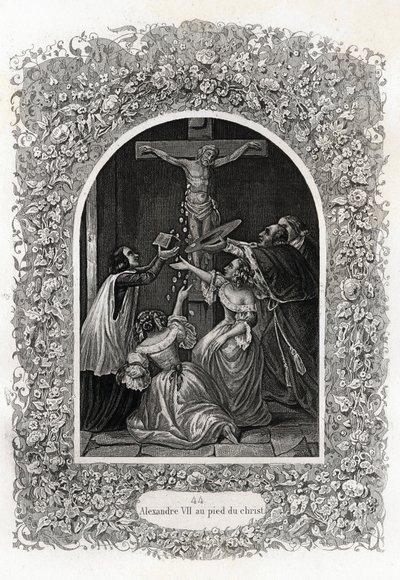 キリストの足元にいるアレクサンダー7世（アレキサンダーまたはアレッサンドロ）（教皇1655年から1667年）。モーリス・ラシャトレ（1814-1900）の『教皇列伝』の挿絵、パリのリブレリー・デュ・プログレ。 作： French School