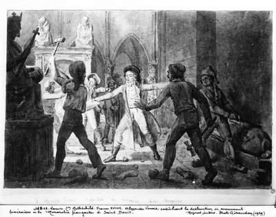 1793年のサンドニ教会でのフランス君主制の王家の墓の破壊に反対したアレクサンドルレノア（1761〜1839年）（ペンとインクで紙を洗う） 作： French School