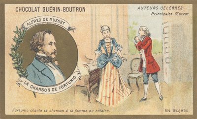 アルフレッド・ド・ミュセット（1810-1857）、ロマン派時代のフランス人作家、「シャンソン・ド・フォルトゥニオ」の作者、詩（1852） 作： French School