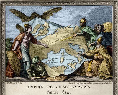 814年のシャルルマーニュ帝国を描いたアレゴリー像 - 18世紀後半の「フランス歴史図譜」のエングレーヴィング。 作： French School