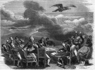 1815年のウィーン会議終了の寓話 - ナポレオンの上陸を知った外交官たちの異常な動揺 - アドルフ・ティエールの「領事の歴史に続く帝国の歴史」に掲載 - 1879年 - 個人蔵 作： French School