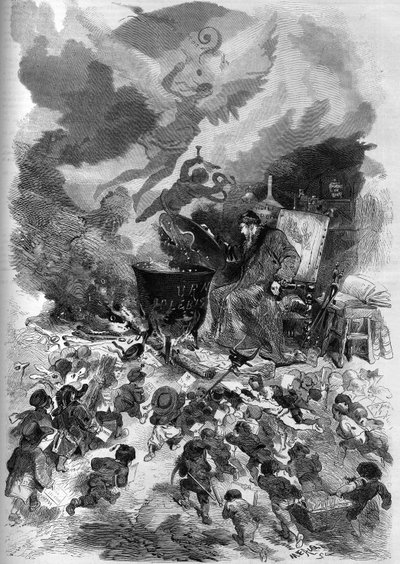 1870年に行われたナポレオン3世の国民投票のアレゴリー。プレビシットの投票箱は、人気投票が煮えたぎる鍋になっている。火は、フランス憲法の老木の枯れ木によって供給される。エドモンド・モランによる「The Illustrous Worl」誌の図版 作： French School