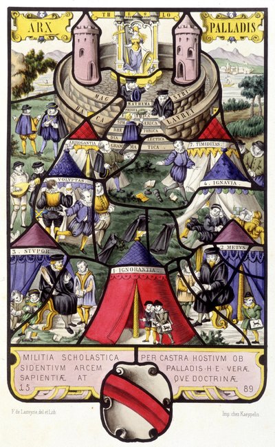 大学のアレゴリー。Ferdinand de Lasteyrieの「Histoire de la peinture sur verre」に掲載されている中世のステンドグラスのFac simile 作： French School