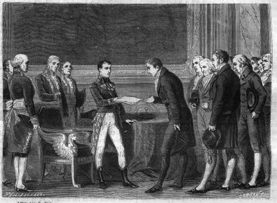 1802年11月、第一執政官ボナパルトがヘルヴェティア共和国のスイス人代理に調停権を与えた際の様子 - ルイ・アドルフ・ティエールの「Histoire du Consulate et de l