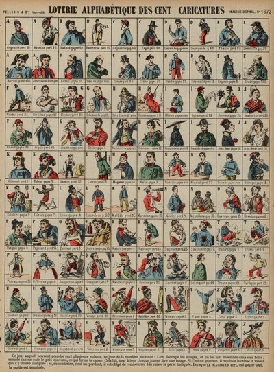 100枚の風刺画のアルファベット順のくじ（彩色彫刻 作： French School