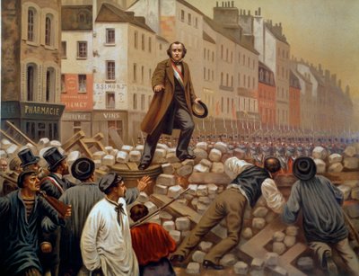 1851年3月12日、ルイ・ナポレオン3世（ルイ・ナポレオン・ボナパルト）のクーデターの際、フォブール・サン・アントワーヌのバリケードに立つアルフォンス・ボーダン（1811年-1851年） 1851年のエングレーヴィング 作： French School