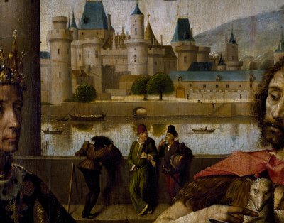 パリ市議会の祭壇画、ルーヴルとセーヌ川のディテール 作： French School