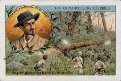 フランスの探検家Frenand Fourreau(1850 - 1914)が遠征中のアフリカのブッシュでの待ち伏せ。19世紀のクロモリトグラフ。 作： French School