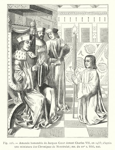 1453年、シャルル7世の前でジャック・クールが行った名誉ある罰金；モンストレの年代記の細密画より；15世紀のms、Bibl nat（エングレービング 作： French School