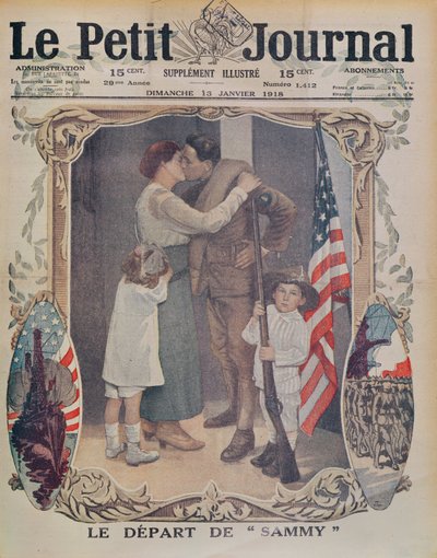 第一次世界大戦中にヨーロッパに向けて出発するアメリカ人兵士、1918年1月13日のルプチジャーナルの表紙イラスト 作： French School