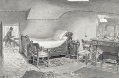パリのアーティストの屋根裏部屋のインテリア、1830年頃（紙にペンとセピアのインクとセピアのトイレ） 作： French School