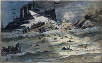 半分にカットされたイギリスの魚雷（新聞「Le Petit Parisien」より）。 作： French School