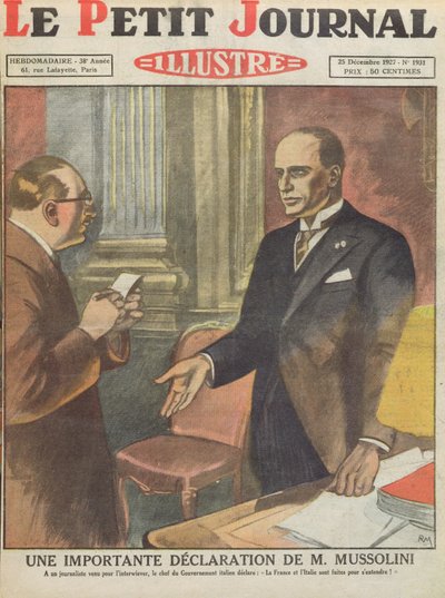 1927年12月25日、ルプティジャーナルからのベニートムッソリーニ（1883-1945）による重要な宣言 作： French School