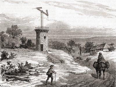 18世紀の空中電信柱（1870年頃に出版された「科学の傑作」より）（彫刻 作： French School