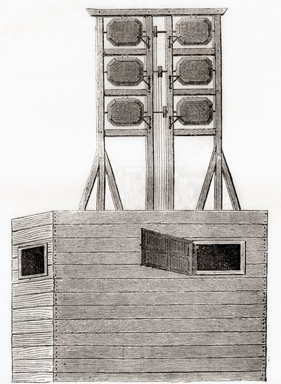 18世紀のイギリスで使用されていた空中電信機（1870年頃出版の『科学の傑作』より）（彫刻 作： French School