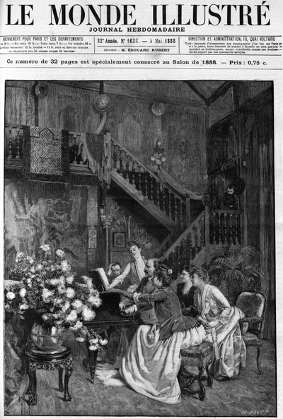 パリのサロンで楽譜を囲む午後のひととき。1888年の「The Illustrous World」に掲載されたエングレーヴィング。 作： French School
