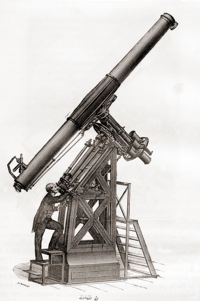 19世紀のフランス・パリ天文台の赤道儀（1870年頃に出版された「科学の傑作」より）（彫刻 作： French School