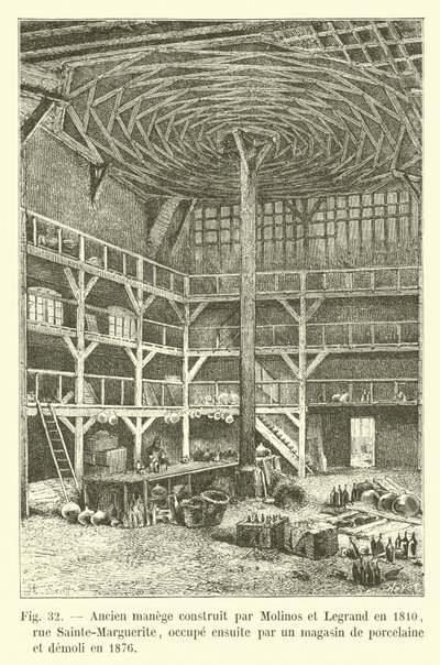 1810年にモリノスとルグランによって建設されたメリーゴーランド、サントマルグリット通り。その後、磁器店があり、1876年に解体されました。 作： French School