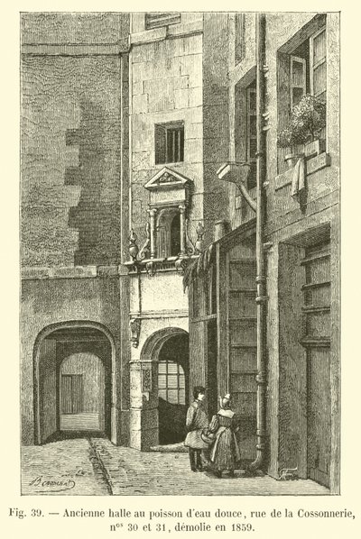 1859年に撤去された、淡水魚のある旧市場ホール、30番地と31番地、rue de la Cossonnerie 作： French School