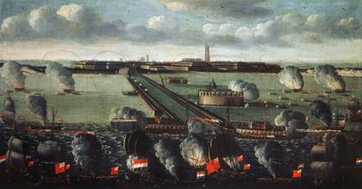 1695年、ダンケルクを砲撃する英蘭艦隊 作： French School