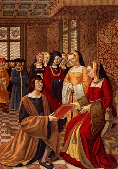 アンヌ・ドゥ・ブルターニュ（1477-1514）が貴婦人たちに囲まれている様子。16世紀の細密画をもとにしたクロモリトグラフ。パリ、アール・デコ図書館 作： French School
