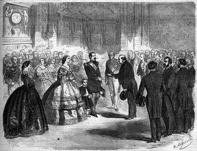 1860年3月22日、パリでのサヴォワのフランスへの併合：アメデ・グレイフィー・ド・ベルコム（1811-1879）とサヴォワの代表団を、皇帝ナポレオン3世（1808-1873）とインプレス・ウジェニー・ド・モンティージョ（1826-1920）がチュイルリーで迎え入れる。ル・モ」に掲載されているエングレーヴィング 作： French School