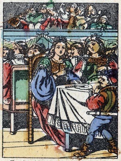 フランスの作家、シャルル・ペロー（1628-1703）の物語「休眠中の森の美女」の匿名イラスト。イメージング・ペラン（エピナル）の木版画。19世紀後半の作品。 作： French School