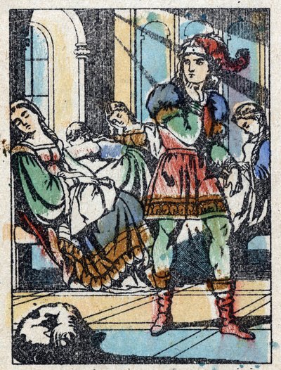フランスの作家、シャルル・ペロー（1628-1703）の物語「休眠中の森の美女」の匿名イラスト。イメージング・ペラン（エピナル）の木版画。19世紀後半の作品。 作： French School