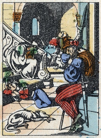 フランスの作家、シャルル・ペロー（1628-1703）の物語「休眠中の森の美女」の匿名イラスト。イメージング・ペラン（エピナル）の木版画。19世紀後半の作品。 作： French School